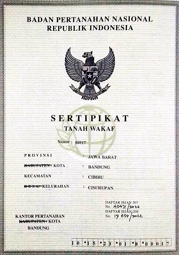 Lembar data Sertipikat Tanah Wakaf Nomor 00017 atas lahan di Kelurahan Cisurupan, Kecamatan Cibiru, Kota Bandung